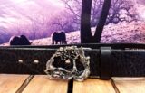 Richard Kaish Vintage Tree of Life Leather Belt in Black Aztec Leather with White Brass Buckle