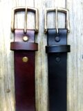 Oak Bark Cellar Leather Belt in Chocolate Harness with Antique Brass and Black Bridle Leather with Nickel Plate Buckle