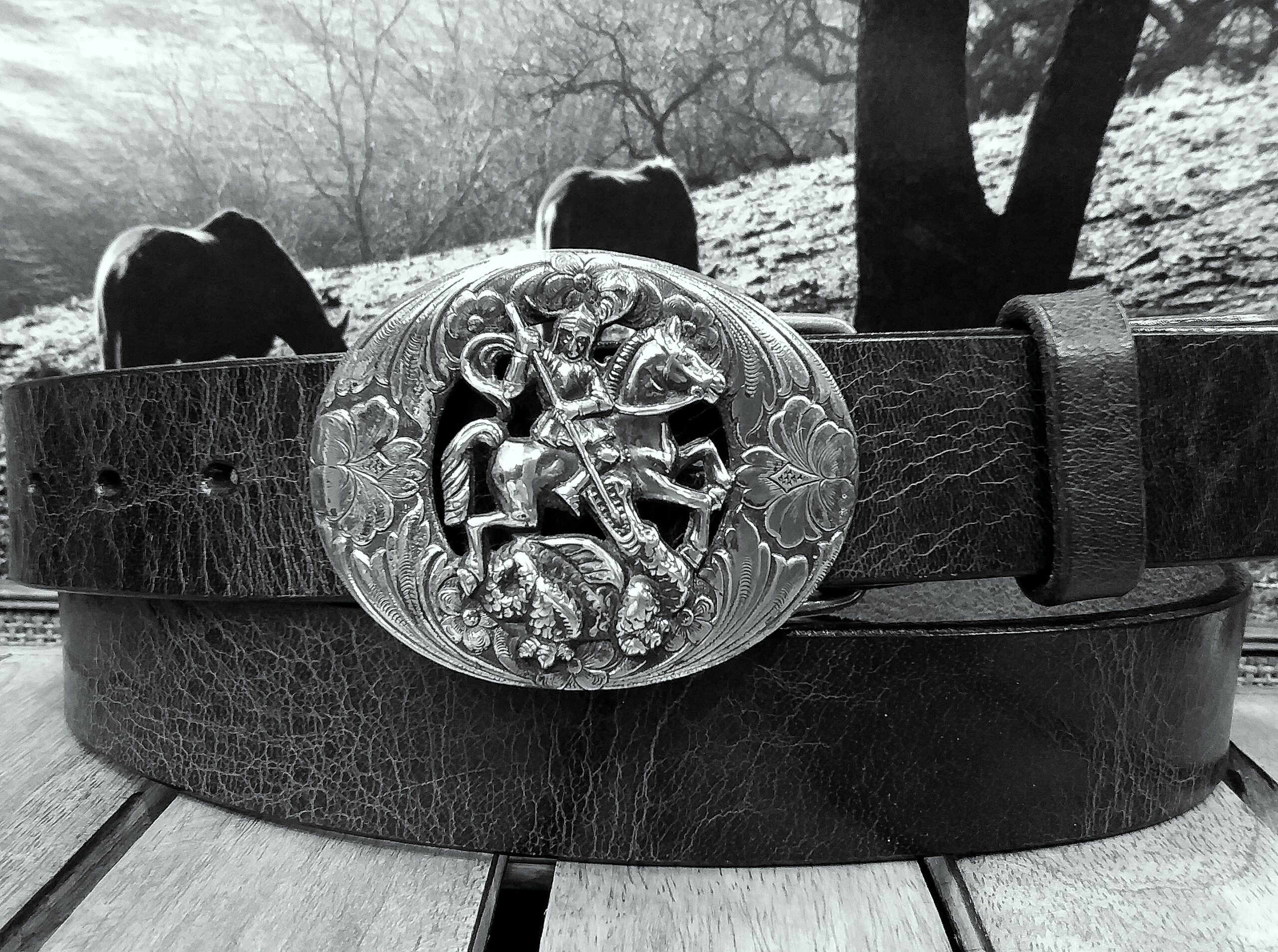 St George and The Dragon Leather Belt on Brown Vintage Glazed with Silver Plate Buckle