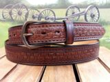 Flatweave Embossed Leather Belt in Brown Combo with 1-1/2" Antique Brass Buckle