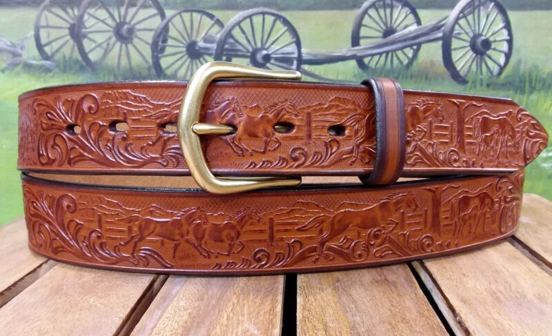 Running Horses Embossed Leather Belt in Tan Combo with Natural Brass Buckle
