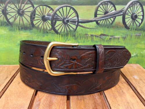 American Eagle Embossed Leather Belt in Brown Two Tone with1-1/2" Natural Brass Buckle