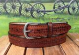 Flatweave Embossed Leather Belt in Mahogany Two Tone with 1-1/2" Nickel Matte Buckle