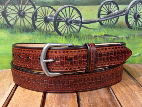 Flatweave Embossed Leather Belt in Mahogany Two Tone with 1-1/2" Nickel Matte Buckle