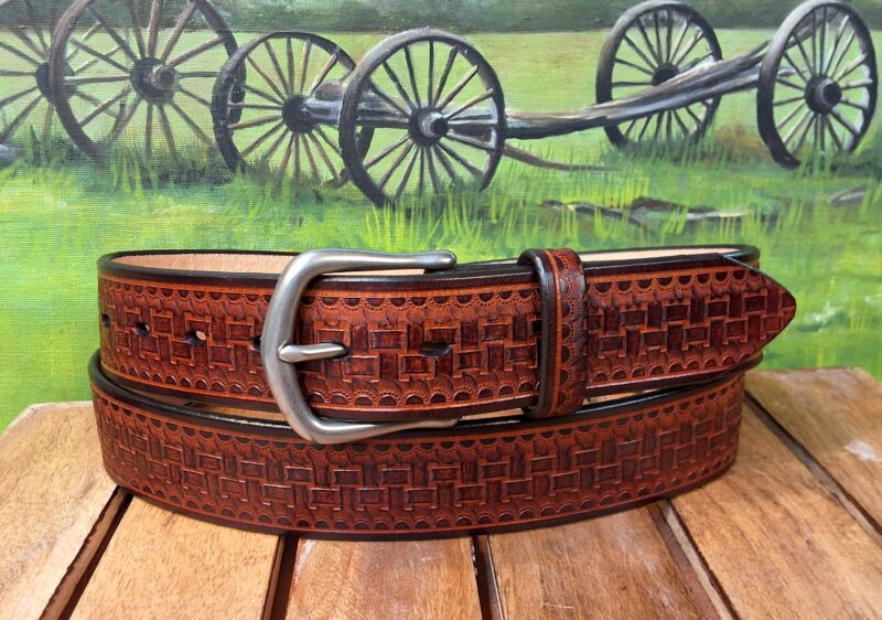 Flatweave Embossed Leather Belt in Mahogany Two Tone with 1-1/2" Nickel Matte Buckle