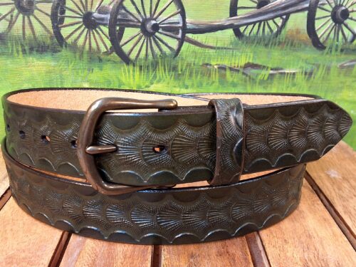 Artisan Handcrafted Camo Embossed Leather Belt in Army Green with Antique Brass 1-1/2" Belt Buckle