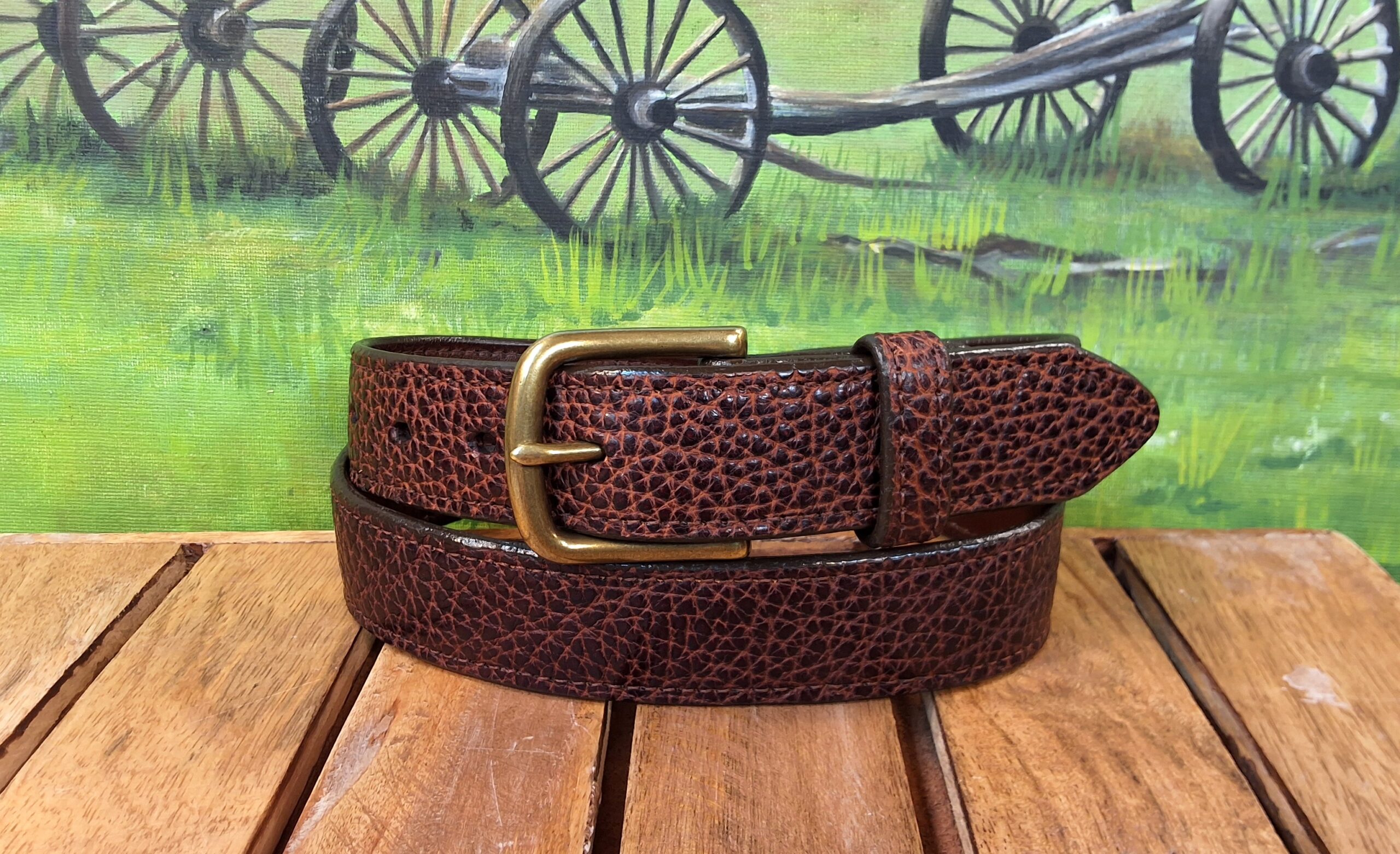 Yellowstone Bison Leather Belt in Bourbon with 1-1/4" Antique Brass Buckle