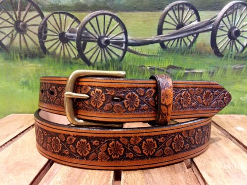 Floral Flower Embossed Leather Belt in Tan Antique Finish with 1-1/4" Antique Brass Buckle
