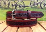 Floral Flower Embossed Leather Belt in Mahogany Antique Finish with 1-3/8" Antique Silver Buckle