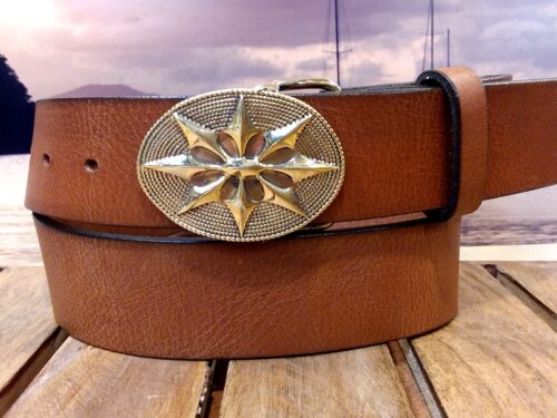 Morning Star Buckle Leather Belt in Solid Brass