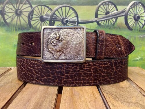 Bison Buckle Leather Belt in Yellowstone Bourbon Leather with Bronze Buckle