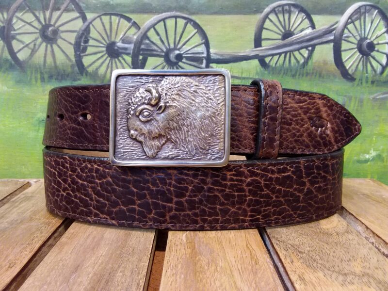 American Bison Buckle Leather Belt in Yellowstone Bourbon Leather with Bronze Buckle