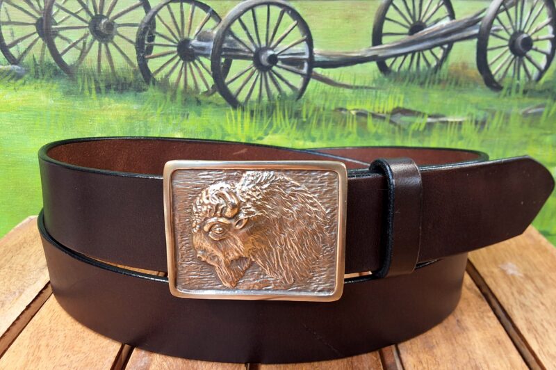 American Bison Buckle Leather Belt in Dark Brown Bridle Leather