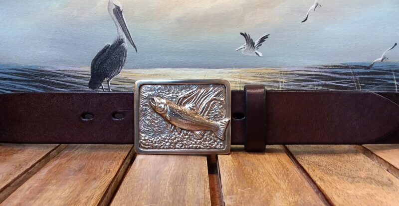 Trout Fishing Leather Belt on 1-1/2" Walnut Bridle Leather