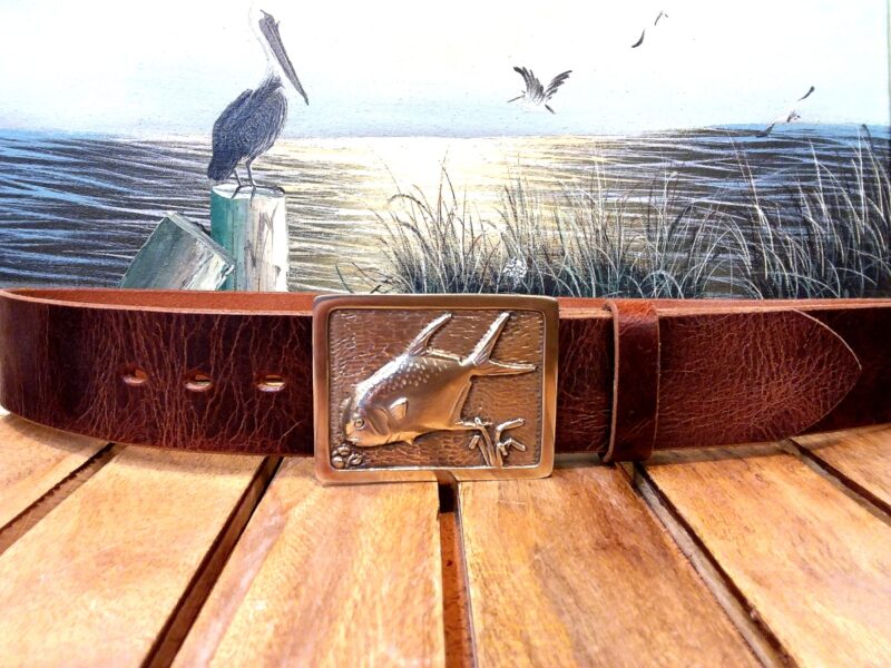 Permit Tailing Fly Fish Leather Belt on Tan Vintage Glazed in Bronze