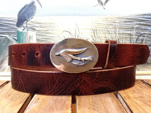 Classic Fly Fishing Leather Belt on Tan Vintage Glazed 1-3/8" Leather with Bronze Buckle