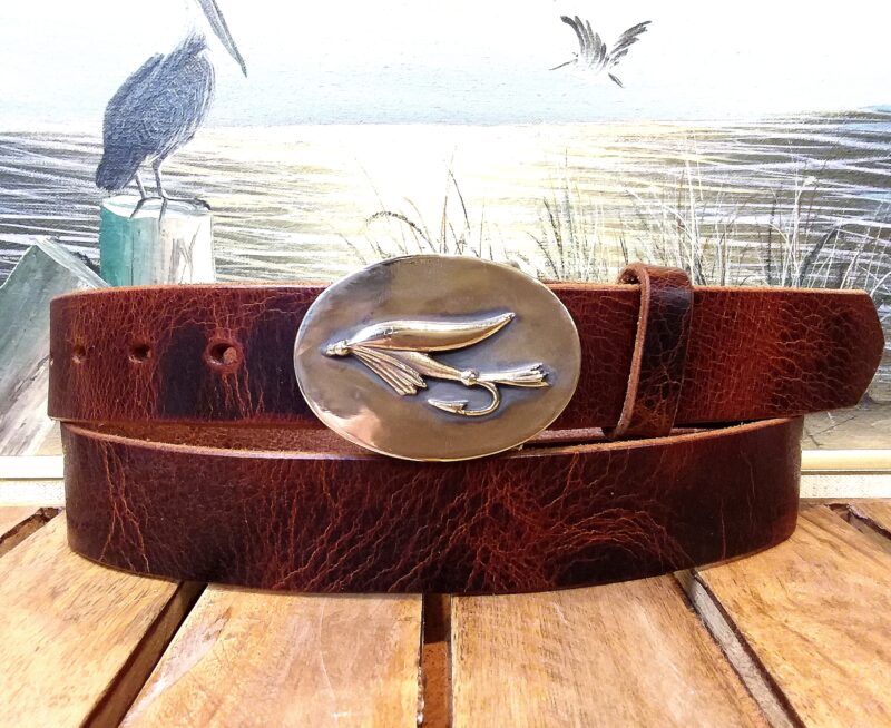 Classic Fly Fishing Leather Belt on Tan Vintage Glazed 1-3/8" Leather with Bronze Buckle