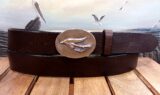 Classic Fly Fishing Leather Belt on Brown Aztec 1-3/8" Leather with Bronze Buckle