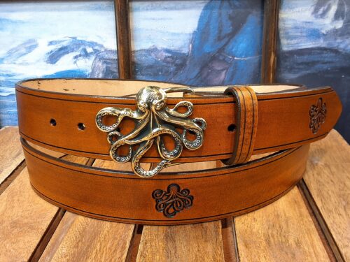 Octopus Hand Tooled Leather Belt in Tan Antique Finish with Octopus Buckle in Solid Brass