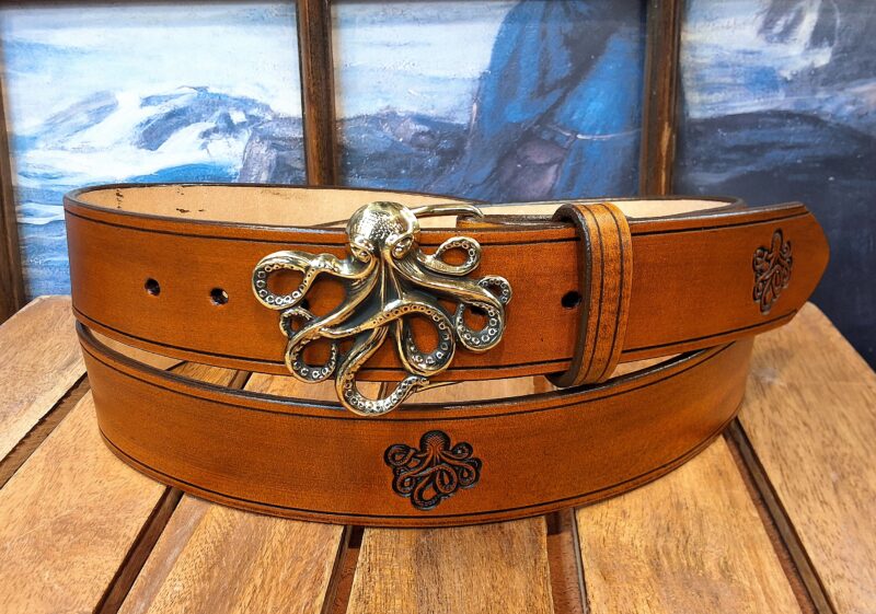 Octopus Hand Tooled Leather Belt in Tan Antique Finish with Octopus Buckle in Solid Brass