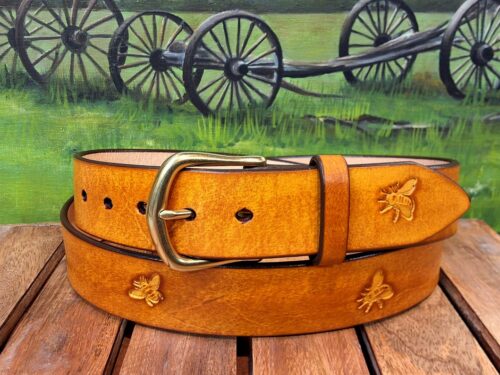 Artisann Handcrafted Beekeeper's Hand Tooled Leather Belt in Honey Yellow with 1-1/2" Natural Brass Buckle Artisann Handcrafted Beekeeper's Hand Tooled Leather Belt in Honey Yellow with 1-1/2" Natural Brass Buckle