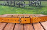 Beekeeper's Hand Tooled Leather Belt in Honey Yellow Hand Dye with Natural Brass Buckle