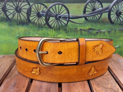 Beekeeper's Hand Tooled Leather Belt with Honey Bees in Honey Yellow Hand Dye with Natural Brass Buckle