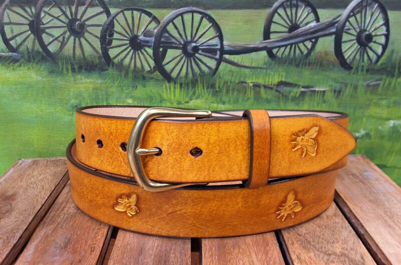 Beekeeper's Hand Tooled Leather Belt in Honey Yellow Hand Dye with Natural Brass Buckle