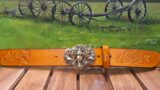 Beekeepers Hand Tooled Leather Belt in Honey Yellow Bee Combo with Small Honey Bee Solid Brass Buckle