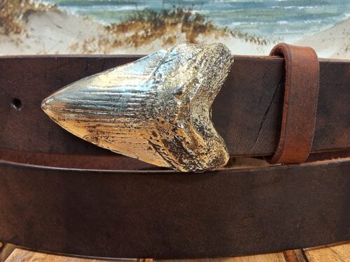 Artisan Handcrafted Megalodon Giant Mackerel Shark Tooth Fossil Leather Belt with Shark Tooth Solid Brass