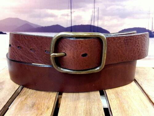 Center Bar Buckle Leather Belt in Cognac Aztec with 1-1/2" Antique Brass Buckle