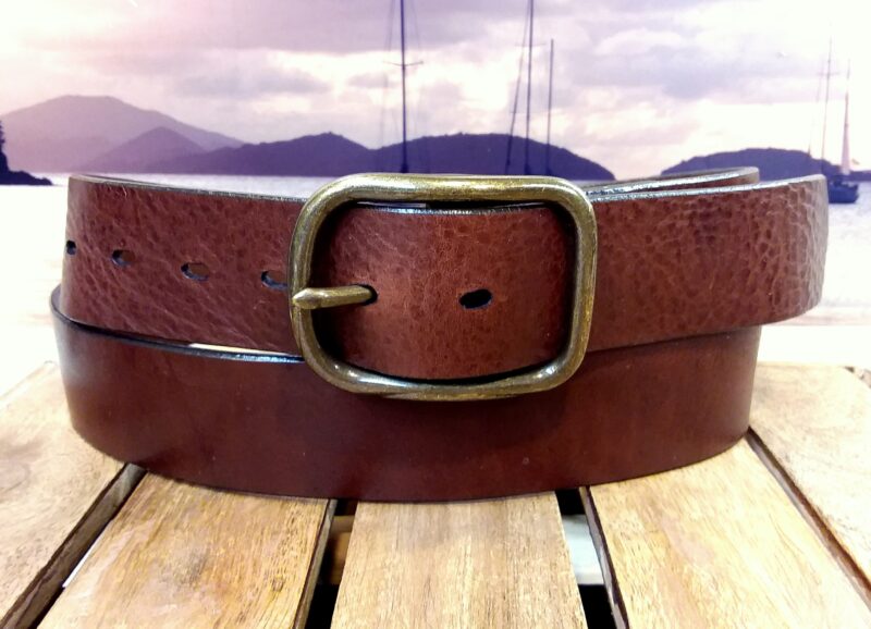 Center Bar Buckle Leather Belt in Cognac Aztec with 1-1/2" Antique Brass Buckle