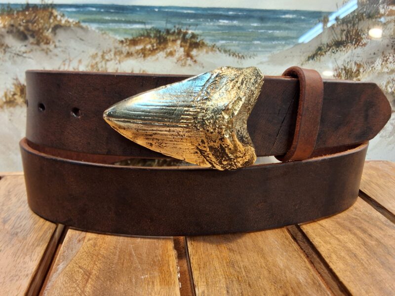 Megalodon Giant Mackerel Shark Tooth Fossil Leather Belt in Brown Distressed with Solid Brass Buckle