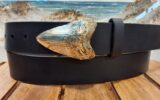 Megalodon Giant Mackerel Shark Tooth Fossil Leather Belt in Black Distressed with White Bronze Buckle