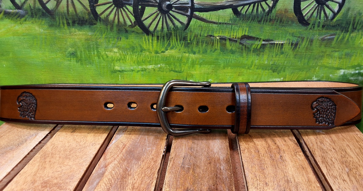 Artisan Handcrafted USA Patriotic Hand Tooled Leather Belt in Med Brown Antique Finish with Antique Brass Buckle, Front View