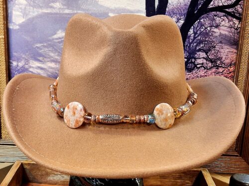 Artisan Handcrafted Beaded Leather Hatband / Front View