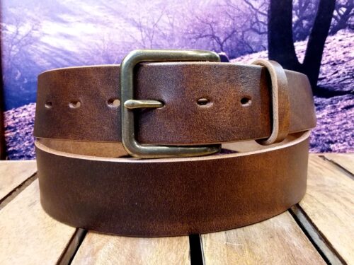 Bomber Brown Leather Belt with 1-1/2" Antique Brass Belt Buckle