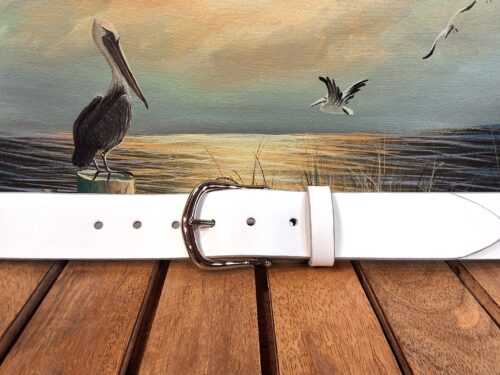 Artisan Handcrafted White Leather Belt with 1-1/2" Nickel Plate Belt Buckle