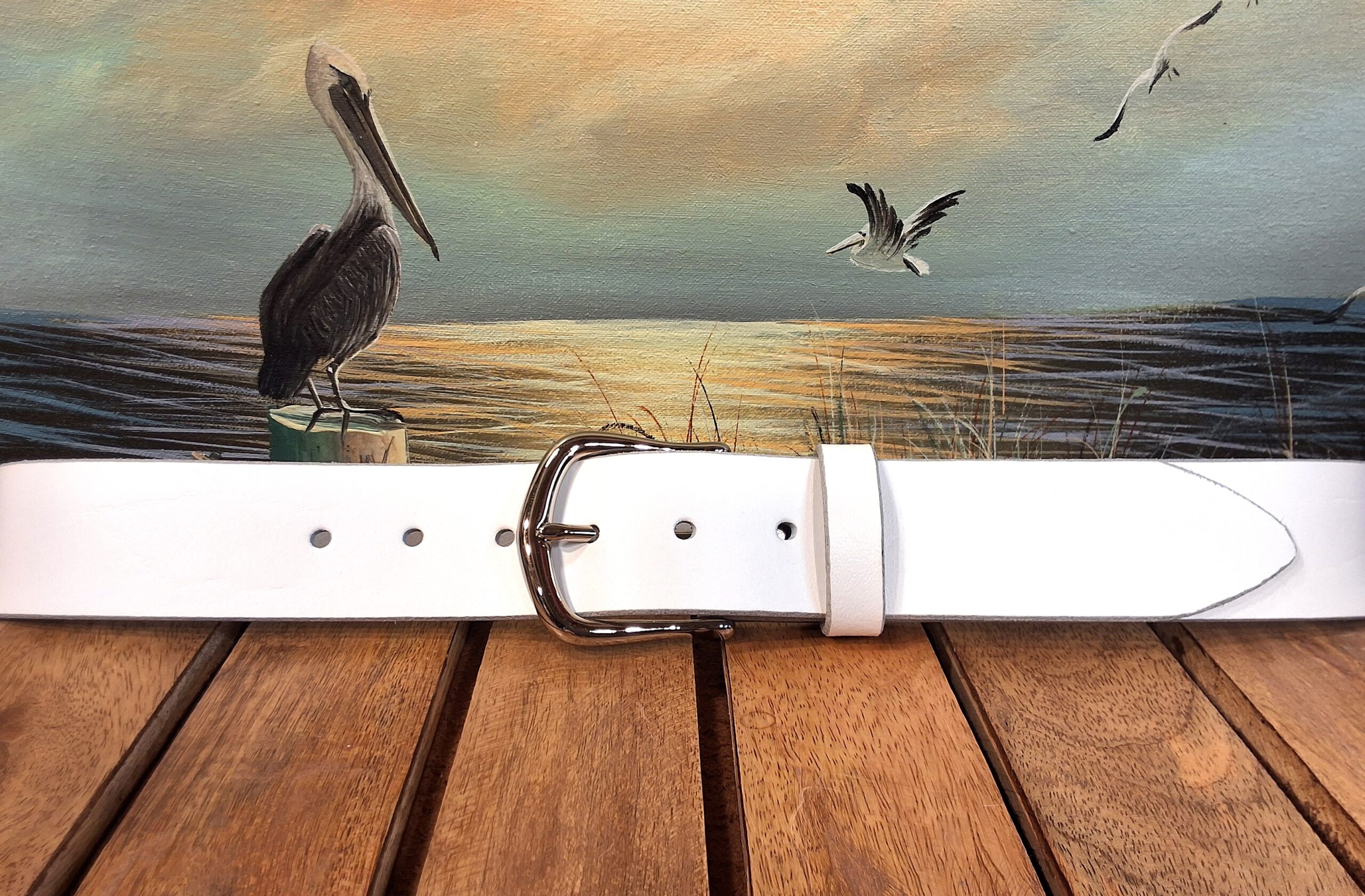 Artisan Handcrafted White Leather Belt with 1-1/2" Nickel Plate Belt Buckle