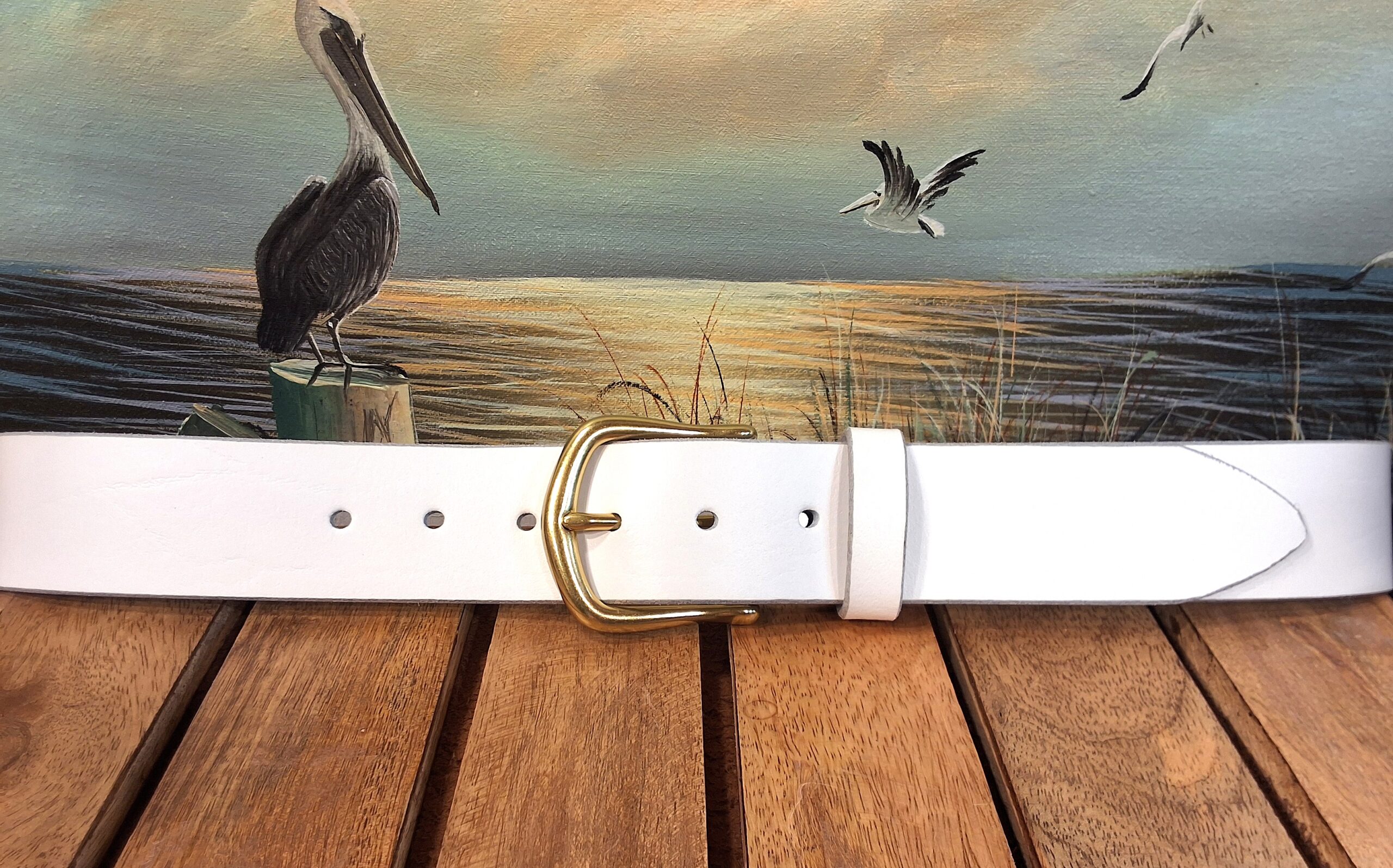 Artisan Handcrafted White Leather Belt with 1-1/2" Natural Brass Belt Buckle