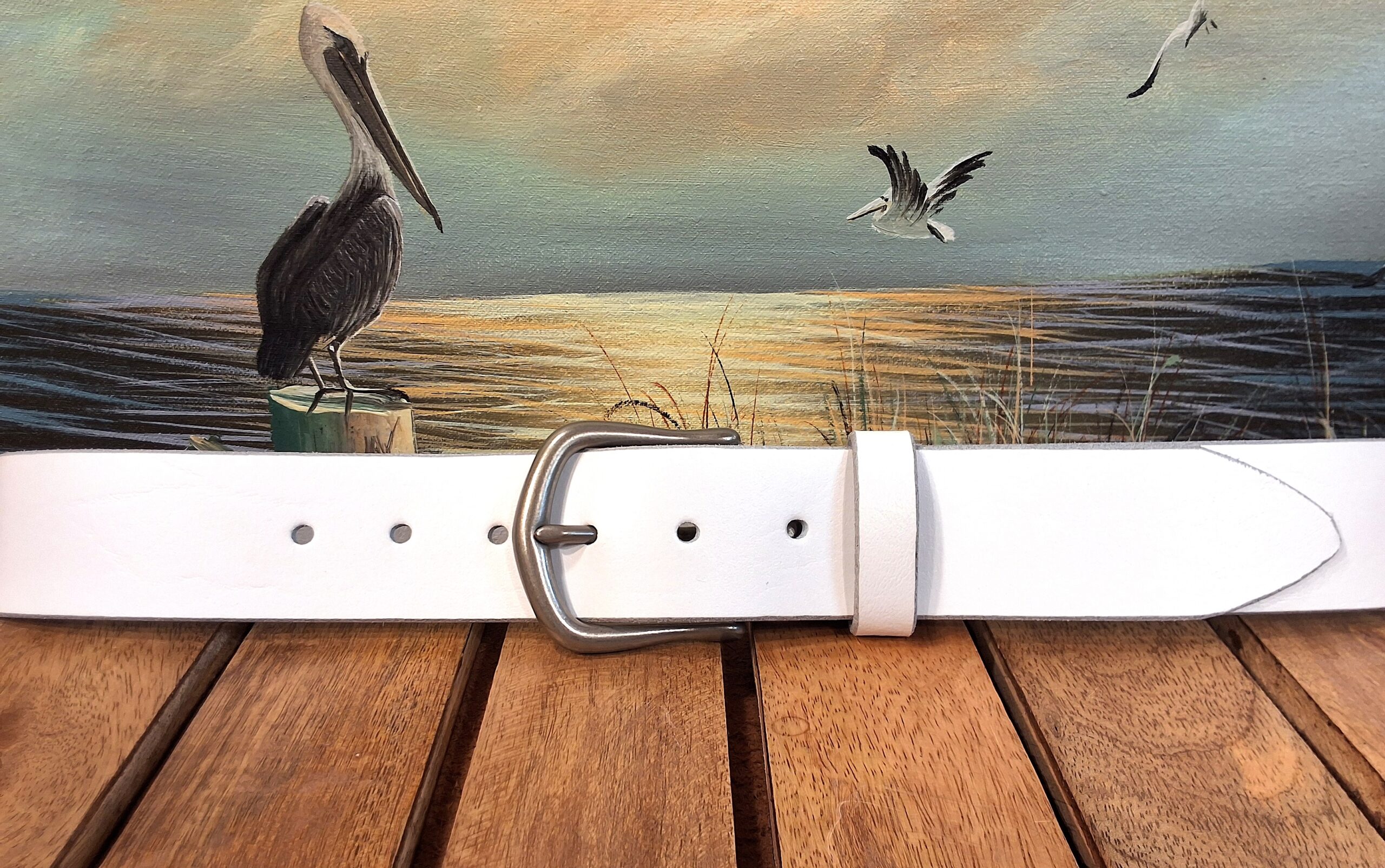 Artisan Handcrafted White Leather Belt with 1-1/2" Nickel Matte Belt Buckle