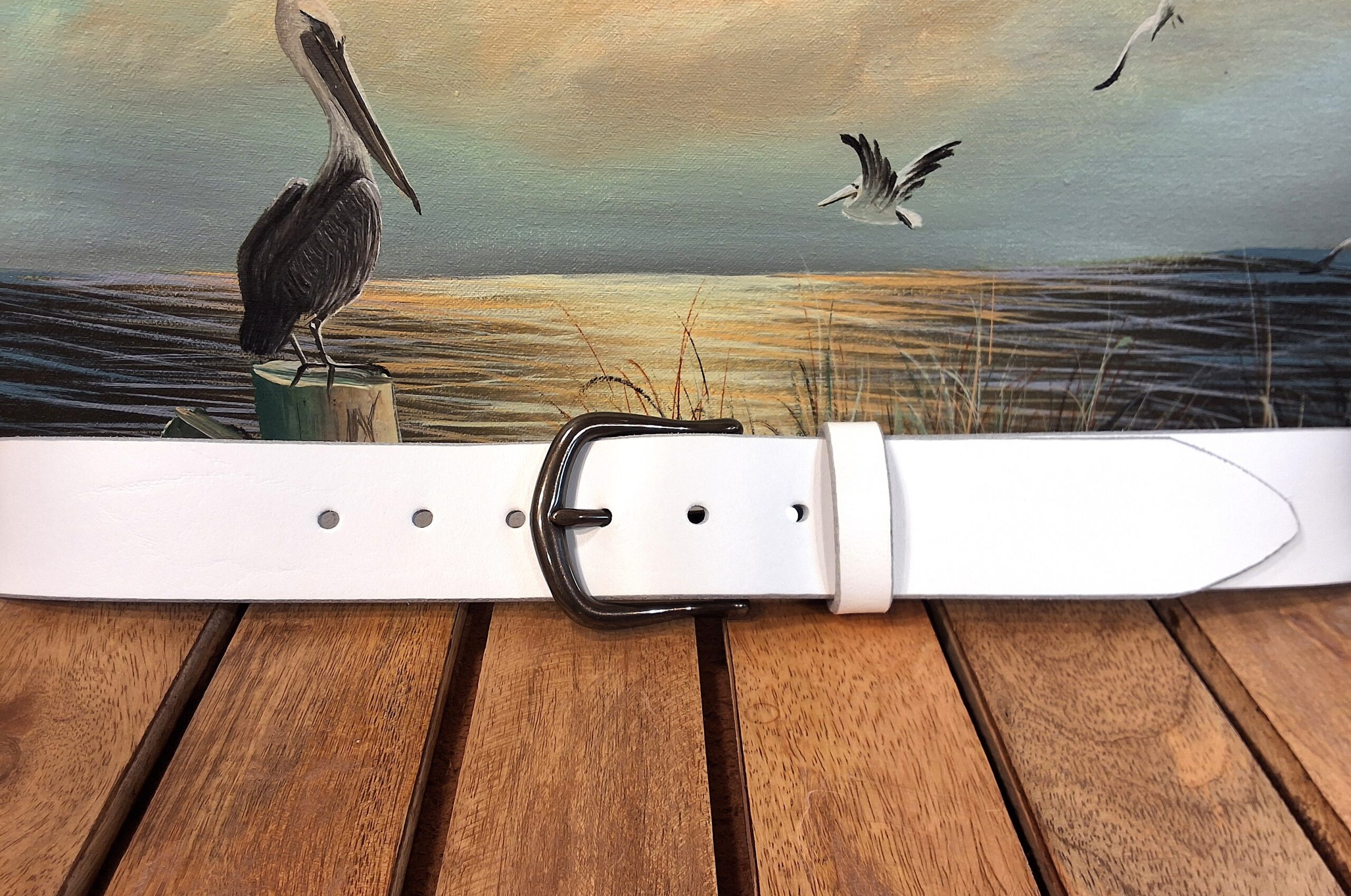 Artisan Handcrafted White Leather Belt with 1-1/2" Antique Brass Belt Buckle