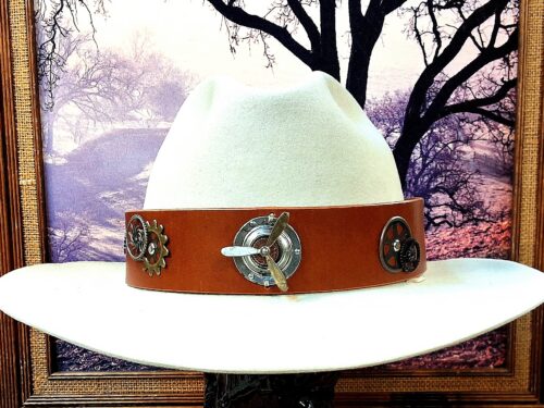 Steampunk Theme Tan 1-3/8" width Handcrafted Leather Hatband