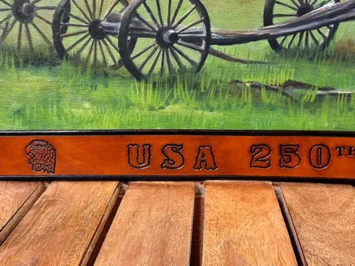 Artisan Handcrafted USA 250th Anniversary Commemorative Patriotic Leather Belt in Tan Antique Finish with 1-1/2" Natural Brass Buckle