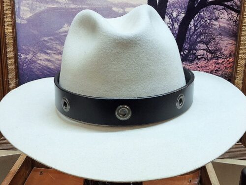 Artisan Handcrafted Black Leather Hatband with Eyelets in 1-1/4" Width / Front View