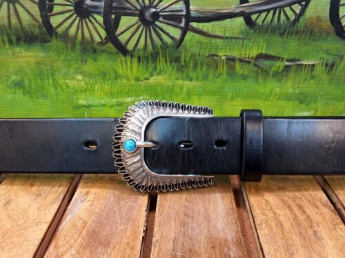 Artisan Handcrafted Faux Turquoise Antique Silver Leather Belt shown on Black Bridel in 1-1/2" Width