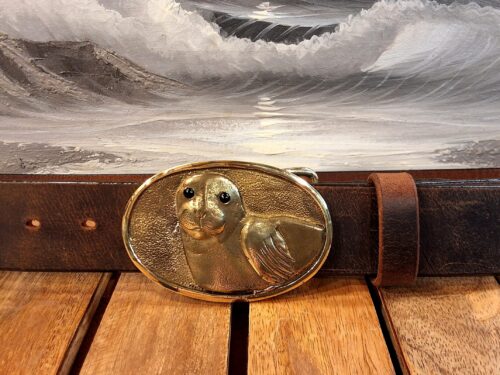 Harbor Seal Leather Belt in Brown Distressed with 1-1/2" Solid Brass Seal Buckle