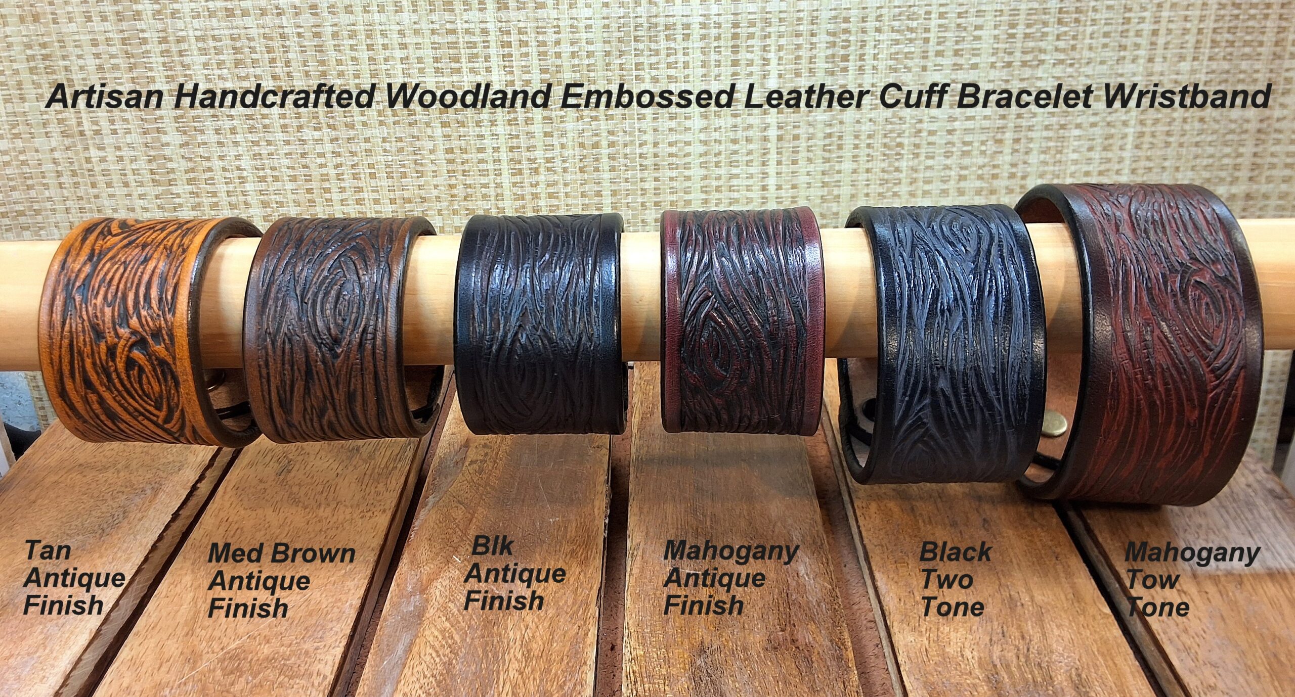 Artisan Handcrafted Woodland Embossed Leather Cuff Bracelet Wristband